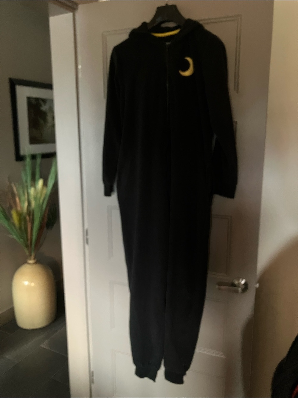 Xhilaration Black Hooded One-Piece Pajama with Yellow Crescent Moon